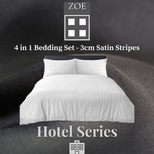 4 in 1 Bedding Set 3cm Satin Stripes Hotel Quality - Super Single / Queen / King - Zoe Home®